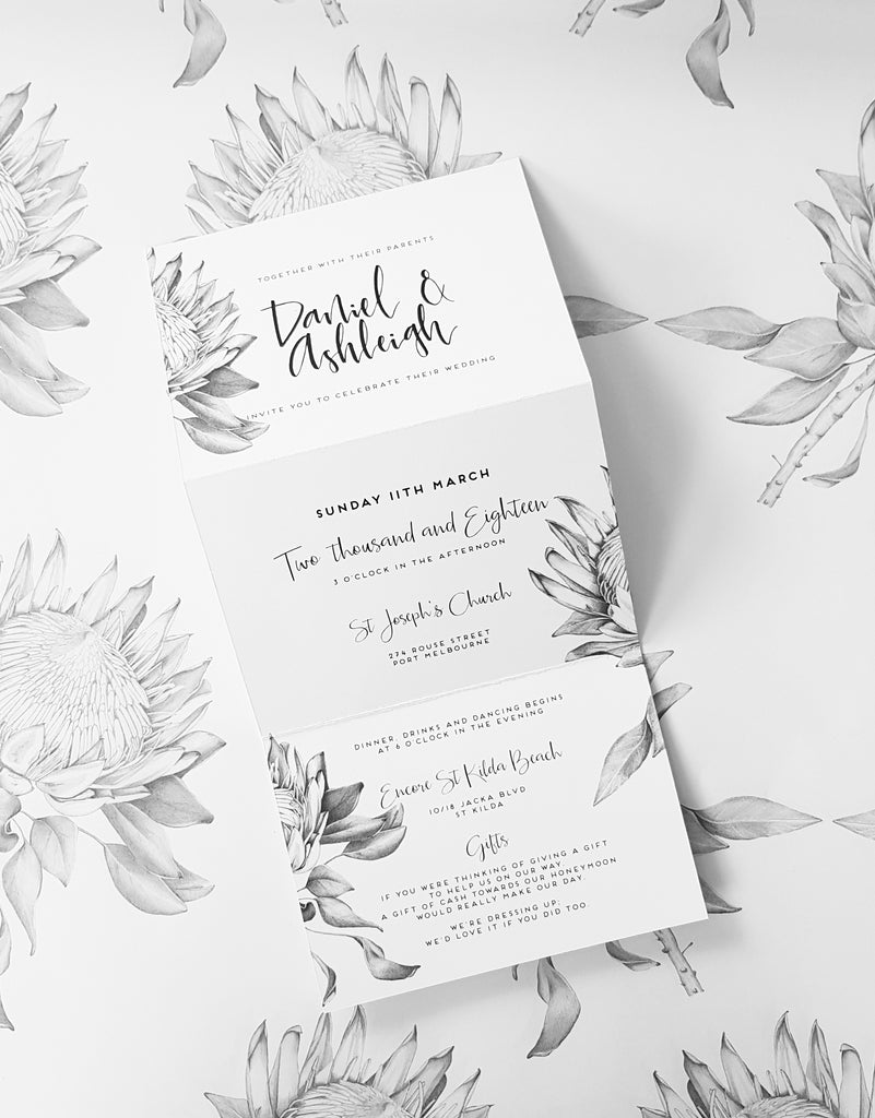 paper and style co. Trifold Protea Wedding Invite