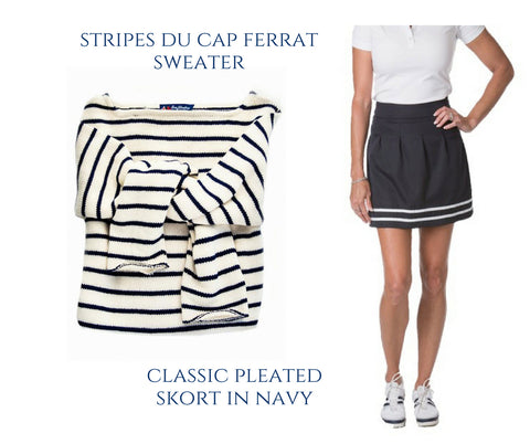 KJP Striped Sweater and Course & Club Navy Pleated Skort