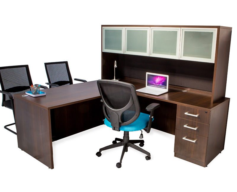 L Shaped Desk With File Pedestal And Hutch Dark Teak Online