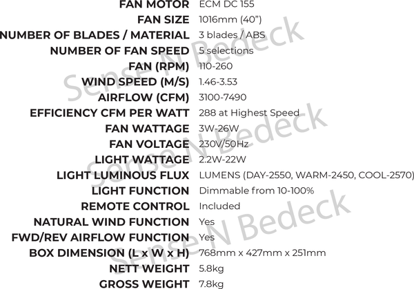 EFENZ ISABEL 403 40" ceiling fan specification chart