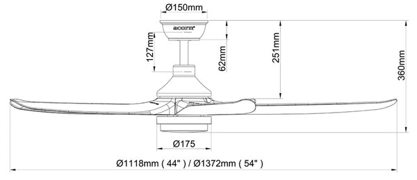 Acorn DC-160 (44"/54") with led fan light dimension chart