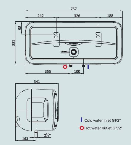 ANDRIS SLIM 30L storage water heater dimension chart