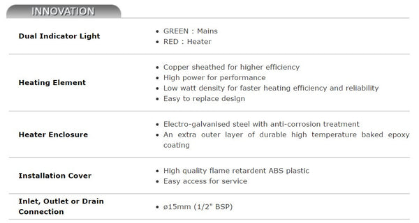 Joven JS Series Storage Water heater specification chart