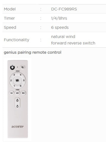 Acorn DC-160 (44"/54") remote specification