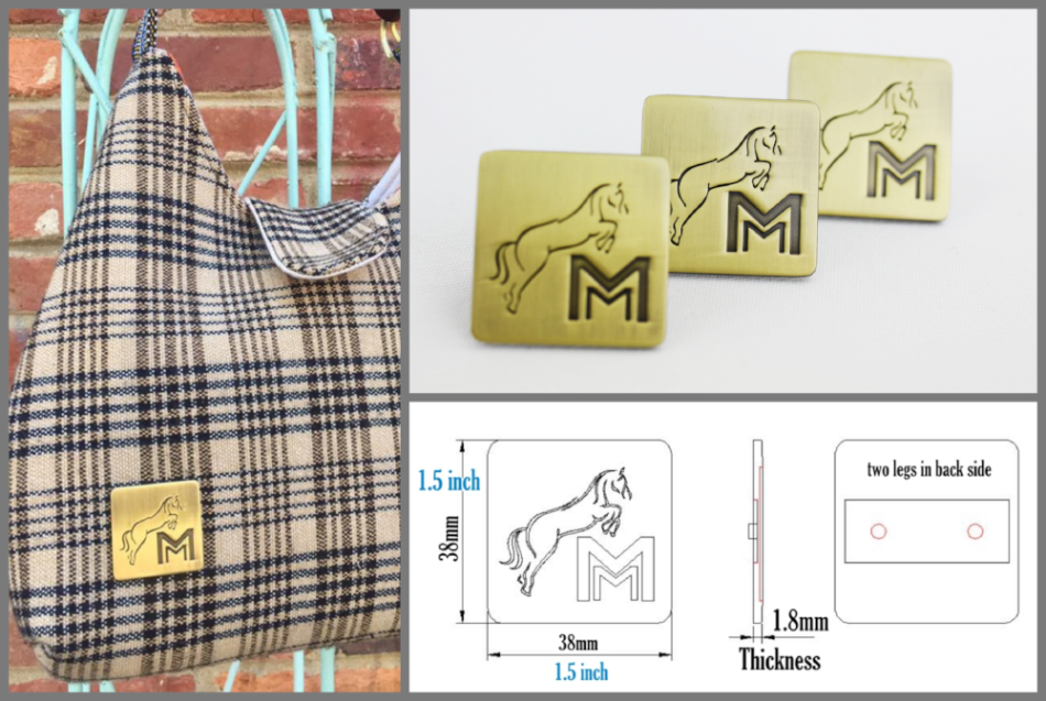 square antique brass metal label, custom metal logo for brand create, handbag hardware
