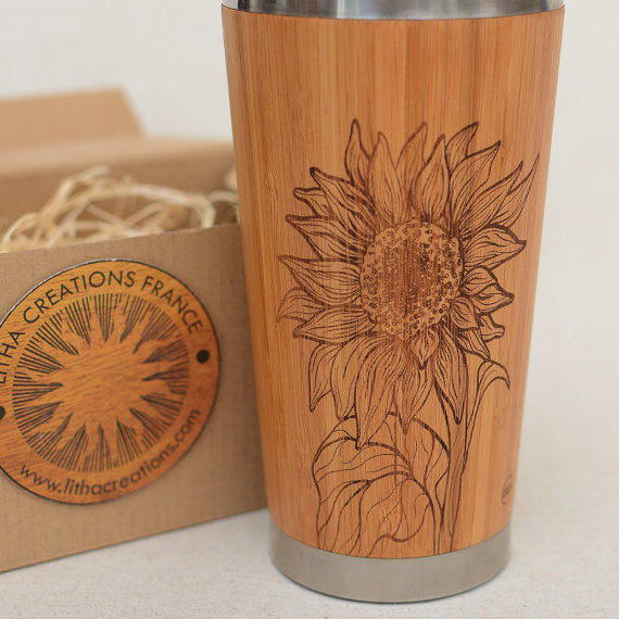 Personalized Engraved Natural Bamboo Tumbler Travel Mug ''Sunflower
