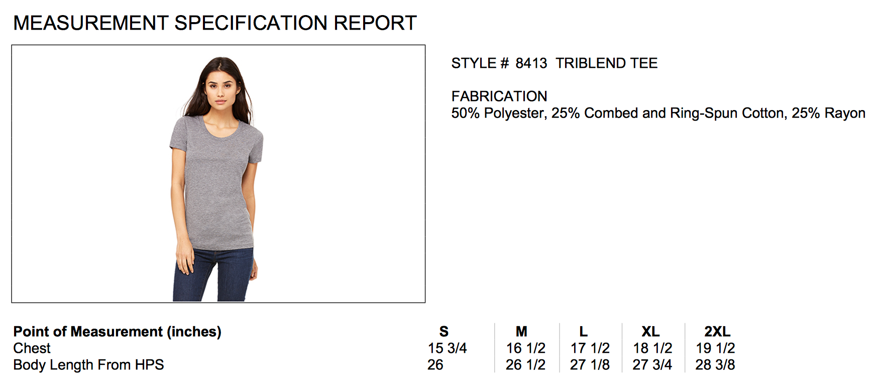 Size chart for ladies triblend tee