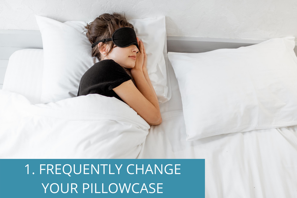 Teenage girl sleeping with the overlay text, "#1. Frequently Wash Your Pillowcase."