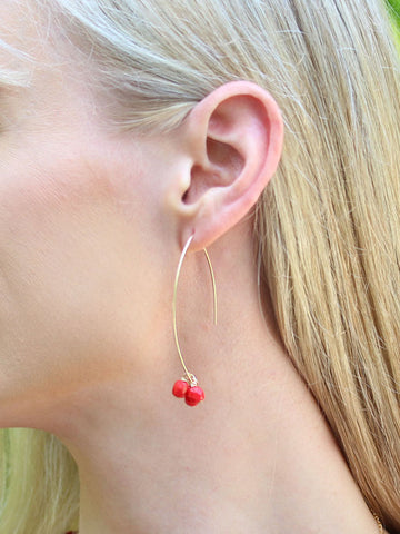 Caucasian model wearing Angel Red Threader Drop Earrings by Sonia Hou Jewelry