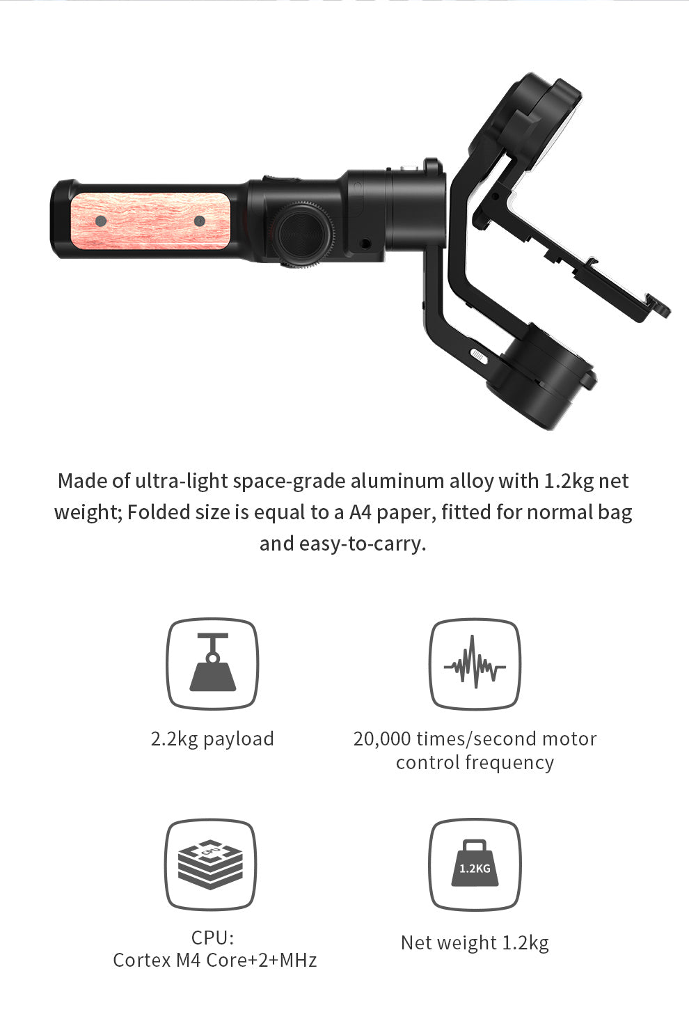 Feiyu AK2000S has aluminum alloy body and rosewood handle