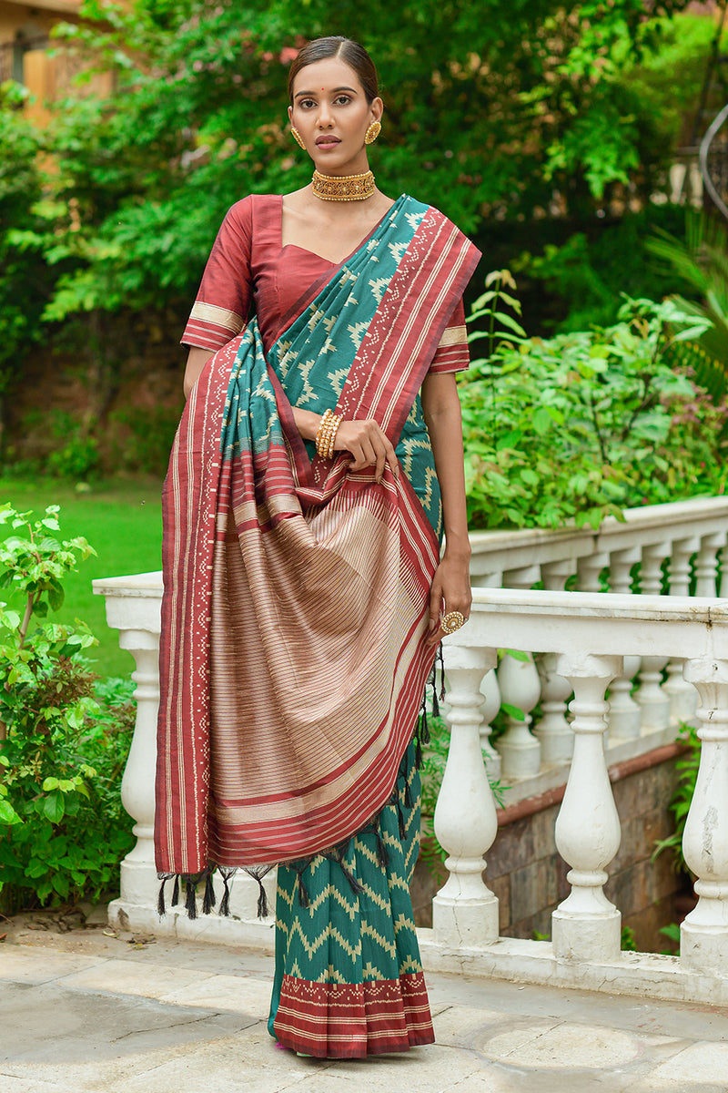 Buy Rama Green Raw Silk Saree online-Karagiri