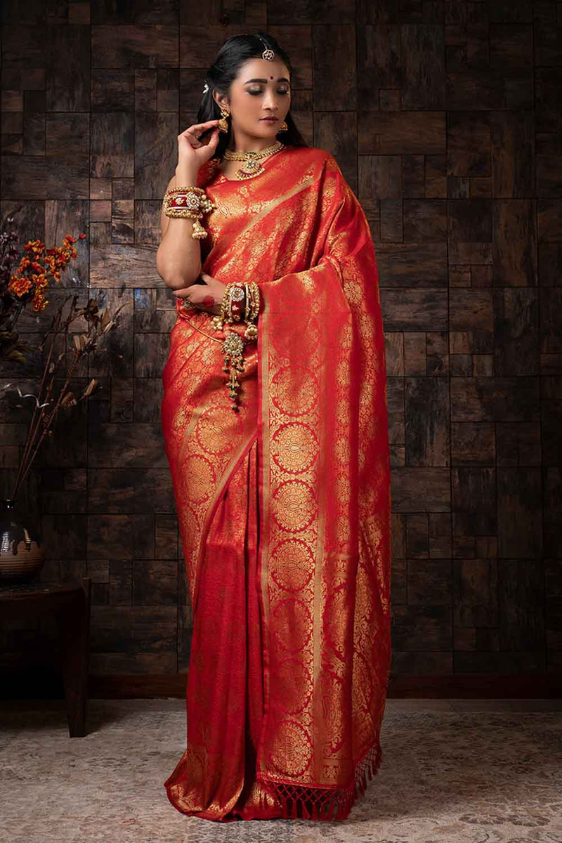 Buy the elegant Salamander Orange Kanjivaram Saree - Karagiri