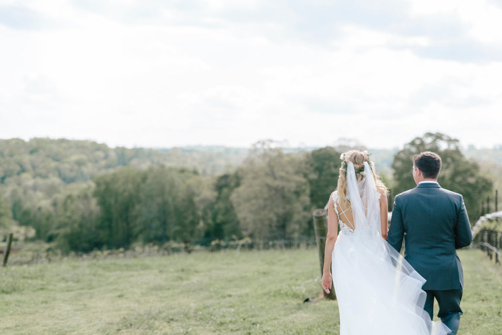 Real Bride Chloe in the Liberty bohemian wedding veil by Blossom and Bluebird