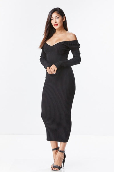 ribbed off the shoulder long sleeve dress