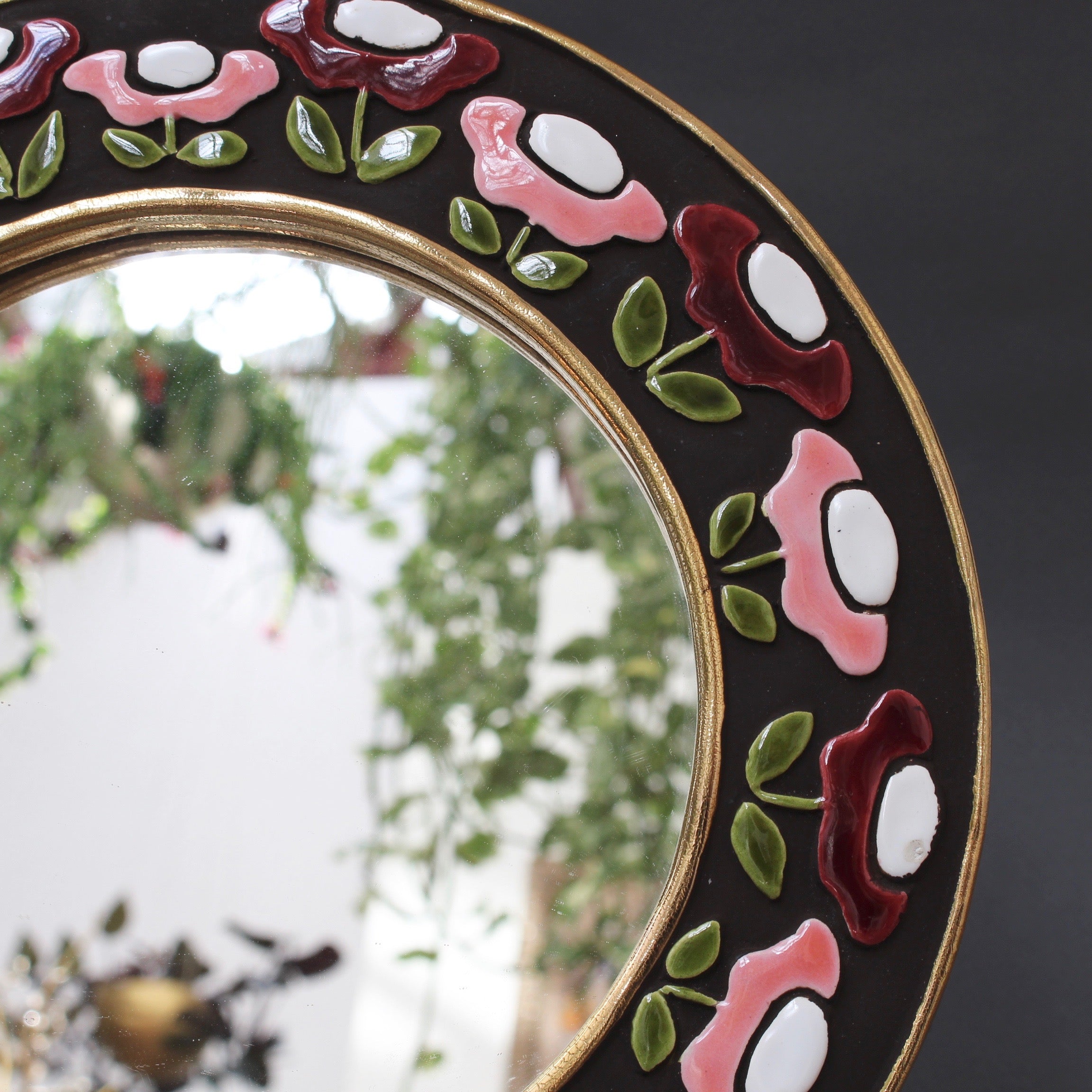 Ceramic Wall Mirror with Flower Motif by Mithé Espelt (circa 1960s)
