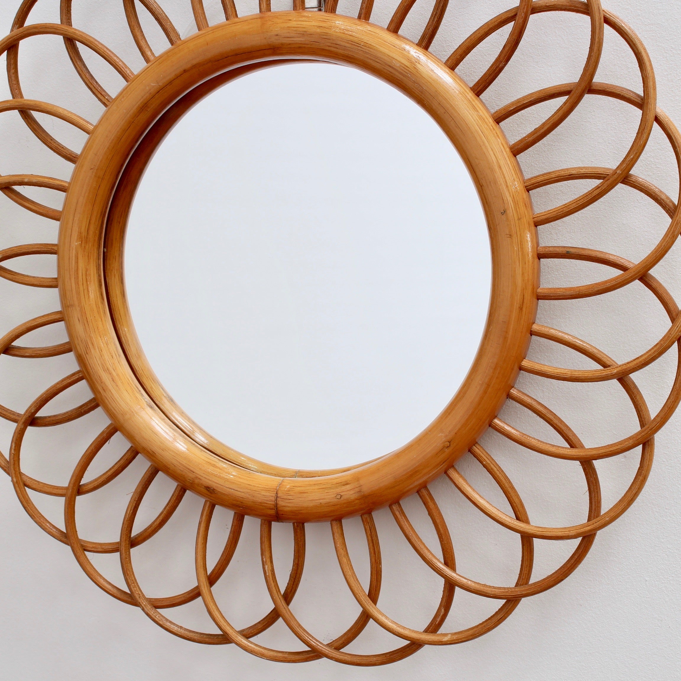 Mid-Century French Rattan Flower-Shaped Wall Mirror (circa 1960s)
