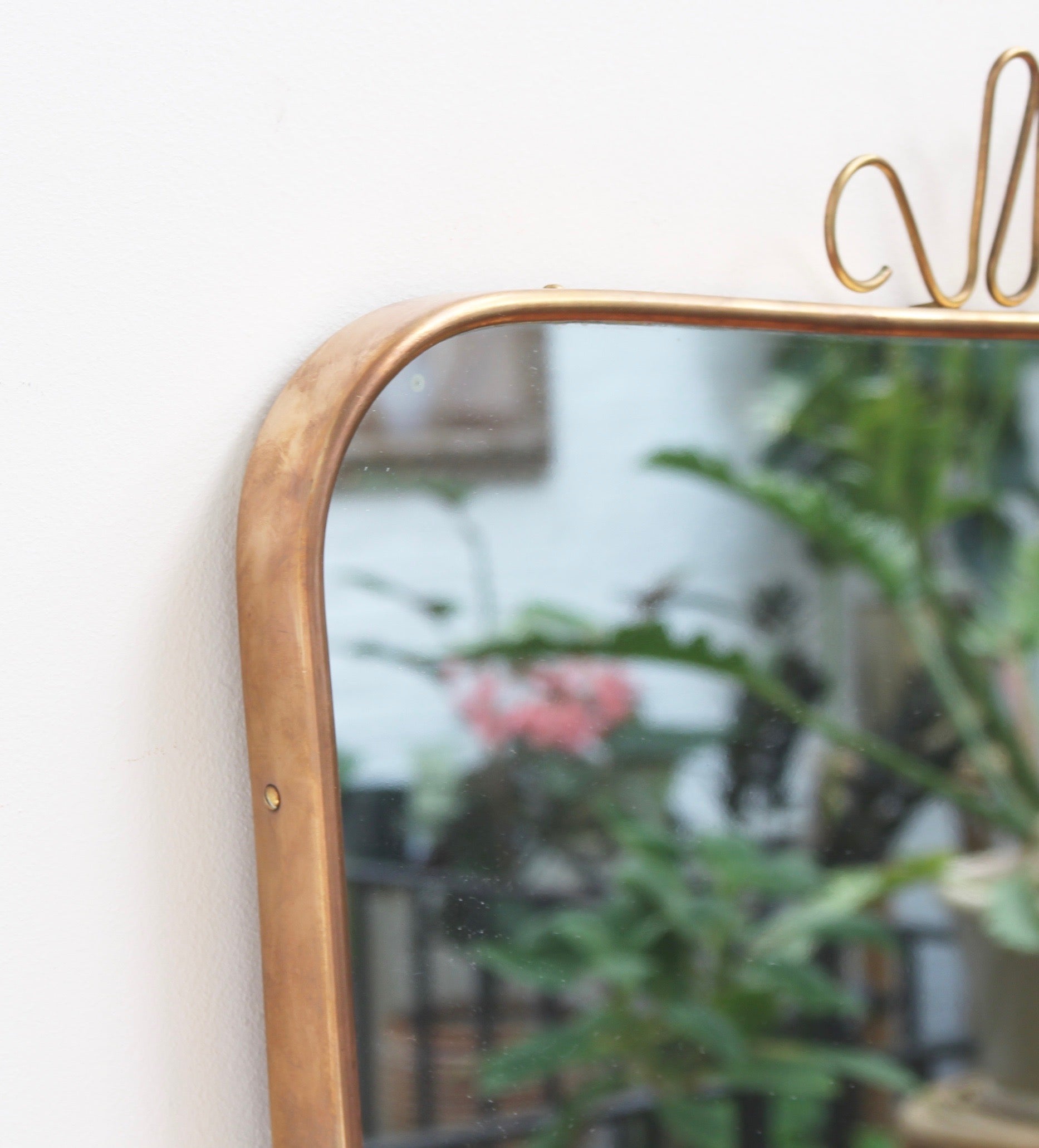 Mid-Century Italian Wall Mirror with Brass Frame and Top Flourish (circa 1950s)