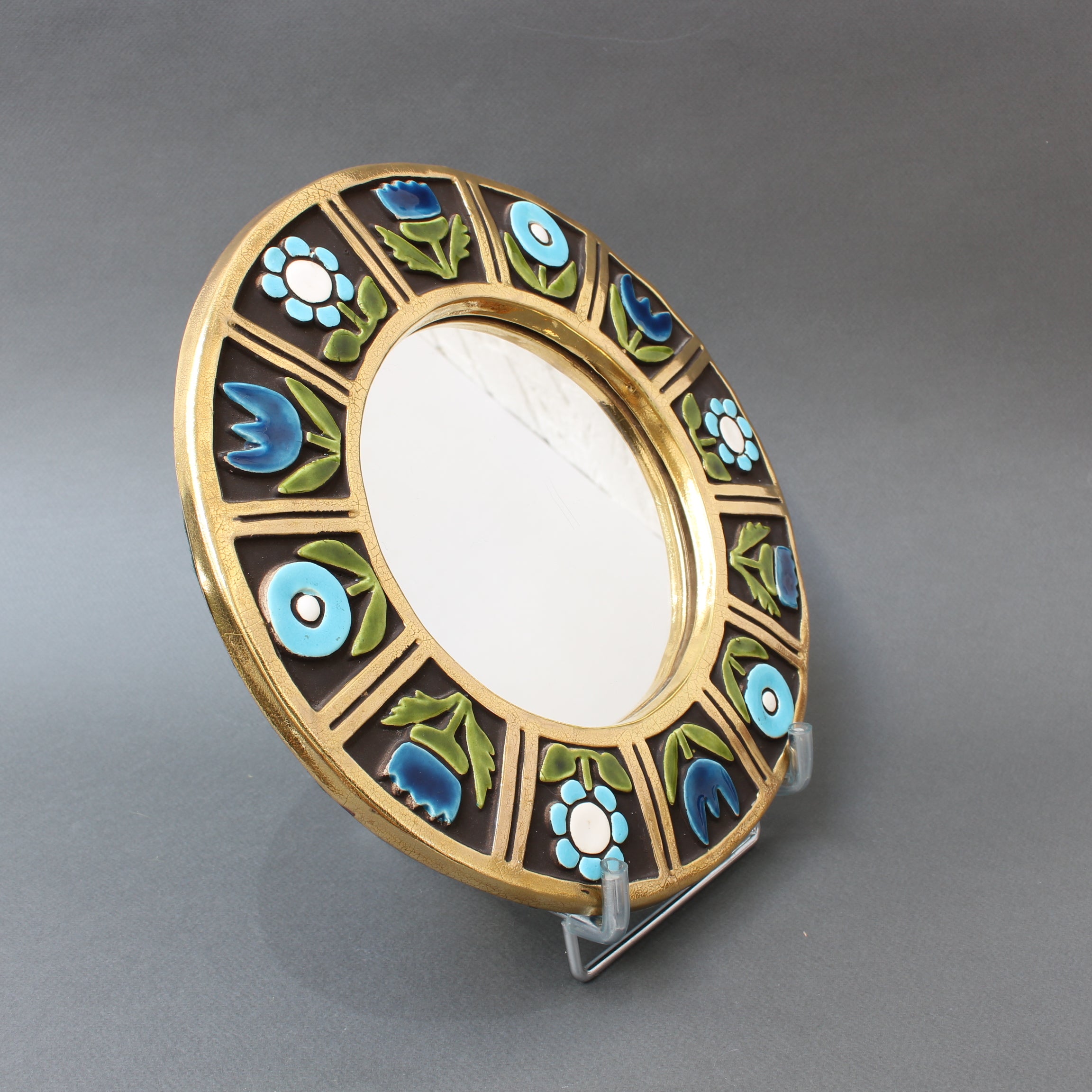 Ceramic Wall Mirror with Flower Motif by Mithé Espelt (circa 1960s)