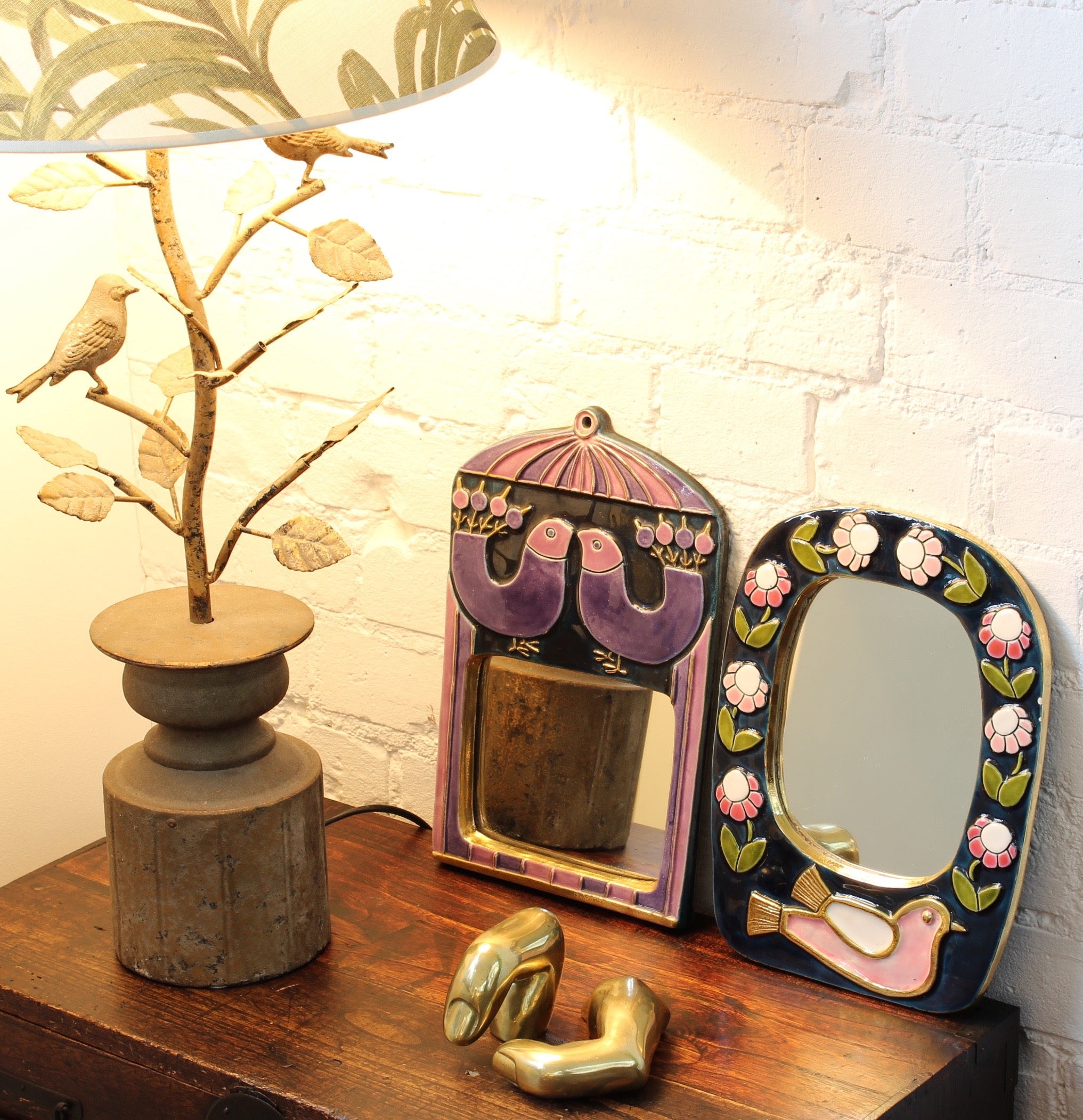 Decorative Ceramic Wall Mirror with Stylised Birds by Mithé Espelt (circa 1970s)