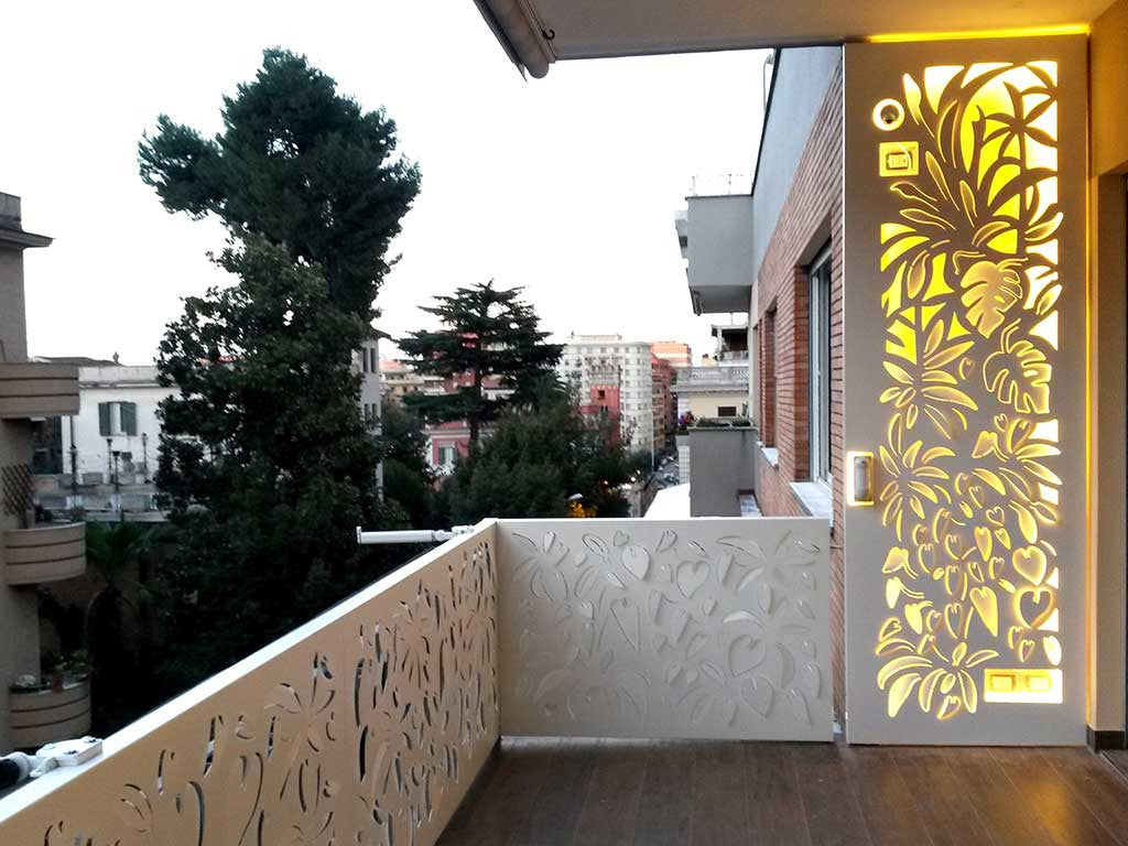 lasercut 3D Forest panels create intimate spaces. Installed on the railing