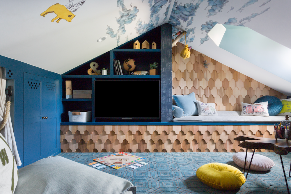 Attic space with cedar shingle tv wall and built in bench, cloud wallpaper, flying pigs, blue
