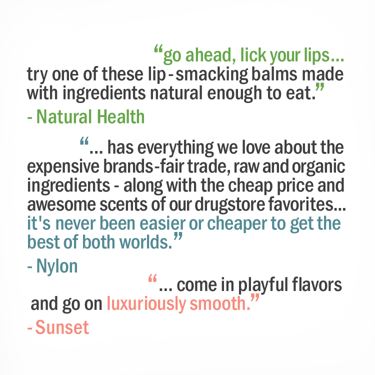 Hurraw! lip balms featured in Natural Health, Nylon, and Sunset Magazines.