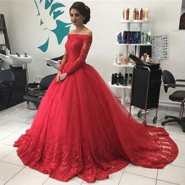 Ball Gown Long Sleeves Lace Red Prom Dress – Sassymyprom