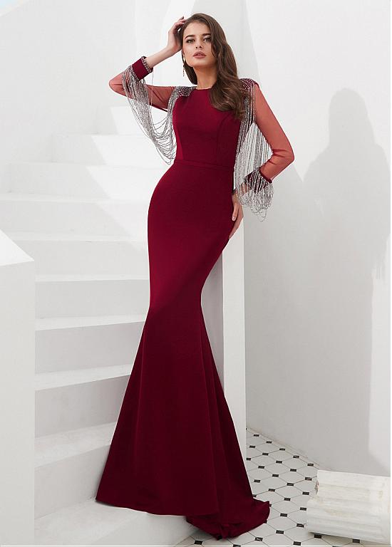 burgundy long sleeve mermaid dress