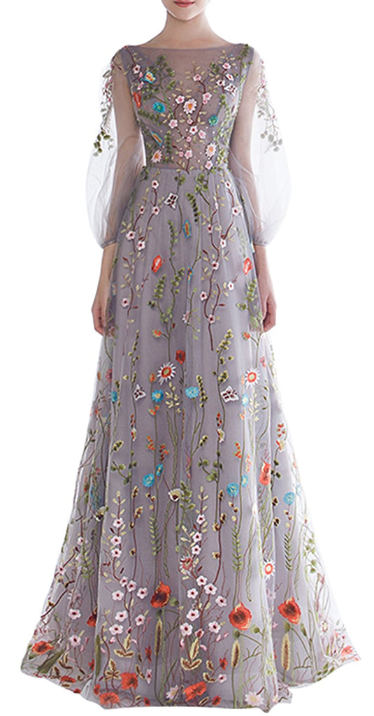flower embroidered prom dress