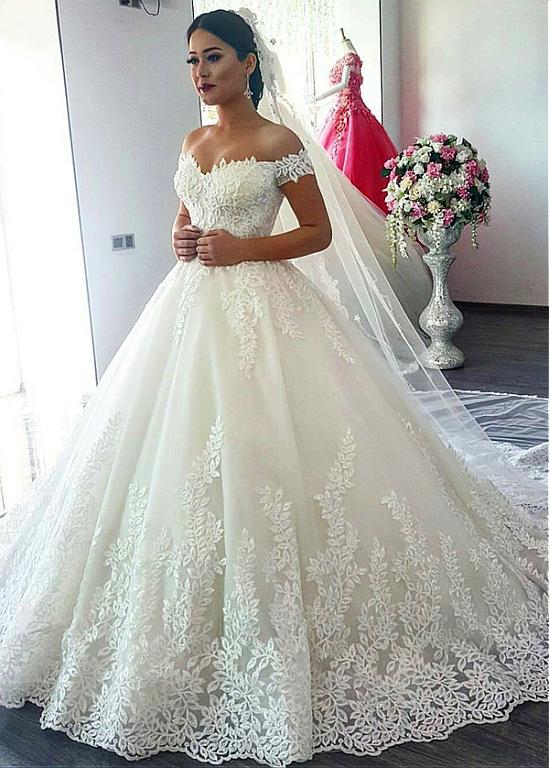 off the shoulder ball gown wedding dress