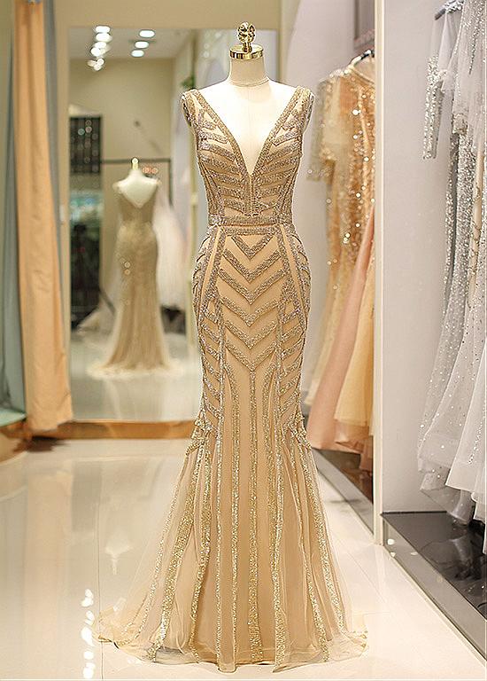 gold beaded evening gown