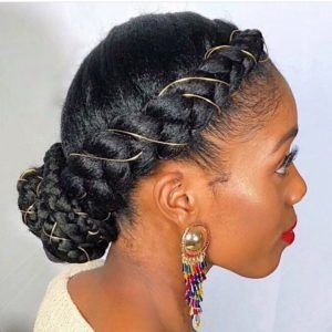 Afrocenchix Wedding Hairstyles for Natural HairHalo Crown Braid Bun Garnished With Gold String