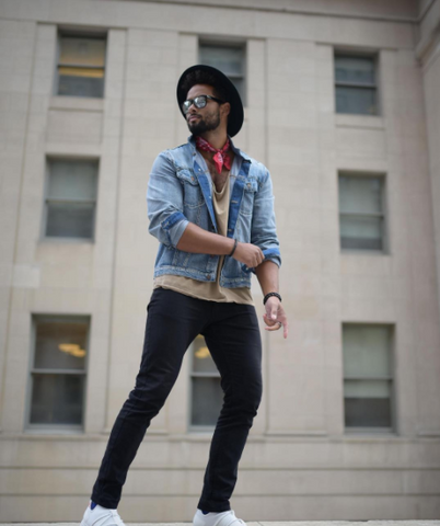 Jean jacket and white Rbutus athleisure shoes from SKYE Footwear 