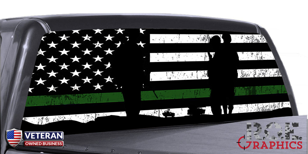 American Flag Thin Green Line Distressed Military USA Decal Sticker Ford Chevy