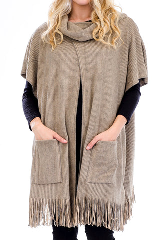 Cuffed Neck Pocketed Poncho Cape