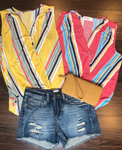 colorful tanks, tank tops, tops, wrap tanks, stripe tank, spring fashion, fashion trends, style, comfort, flattering tops, blue jean shorts, weaved clutch wallet, wristlet, accessorize, camel wallet, yellow, coral, tops, summer looks