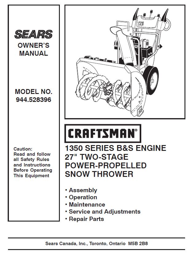 944.528396 Manual for 2009 Craftsman 27" Snowblower 1350 Series – DR