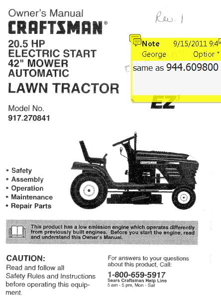 944.609800 Manual for Craftsman 42" Lawn Tractor – DR Mower Parts