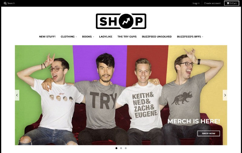 Buzzfeed shop header with four guys sitting on a couch wearing entertaining shirts