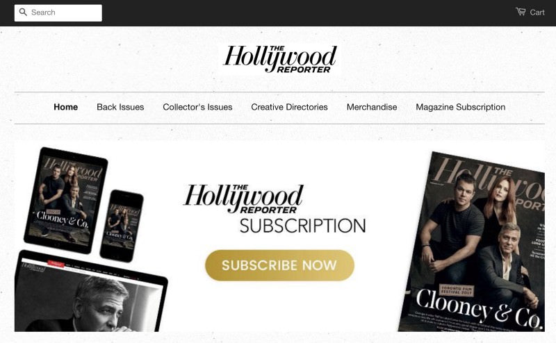 Hollywood reporter header showing magazine's physical and digital covers with a subscription button