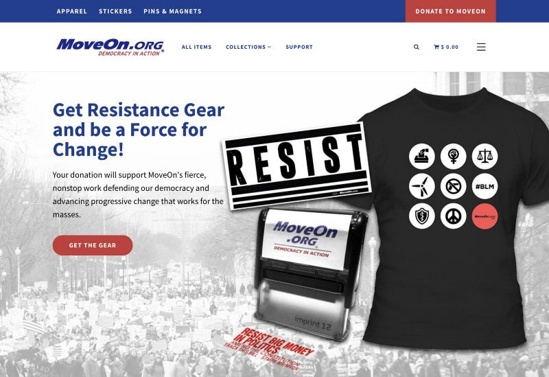 MoveOn shop header with featured gear and a cta to purchase