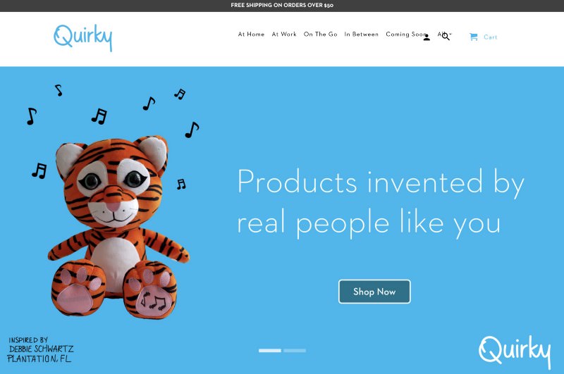 Quirky store header with a plush tiger and value prop "Products invented by real people like you"