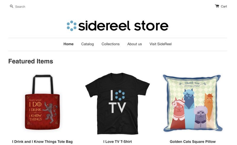 Sidereel store homepage with a bag, shirt and pillow as featured items