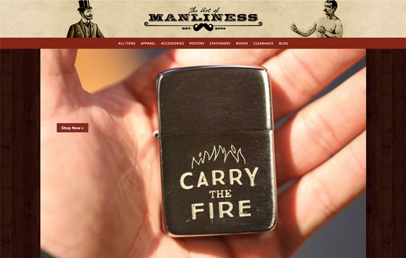 The Act of Manliness store header with an engraved zippo Carry the fire