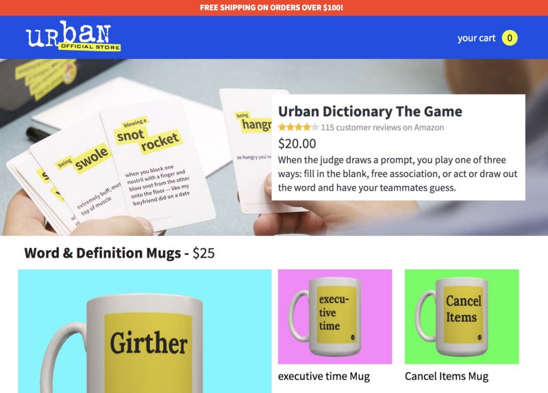 Urban Dictionary store header featuring their game and two mugs