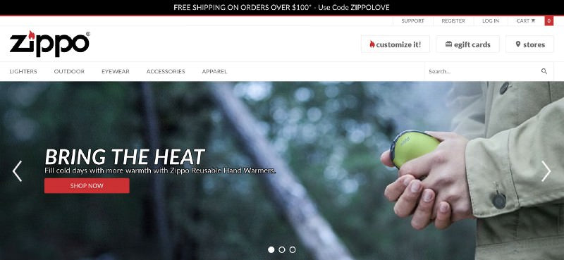 Zippo store header with a man holding zippo and cta to shop
