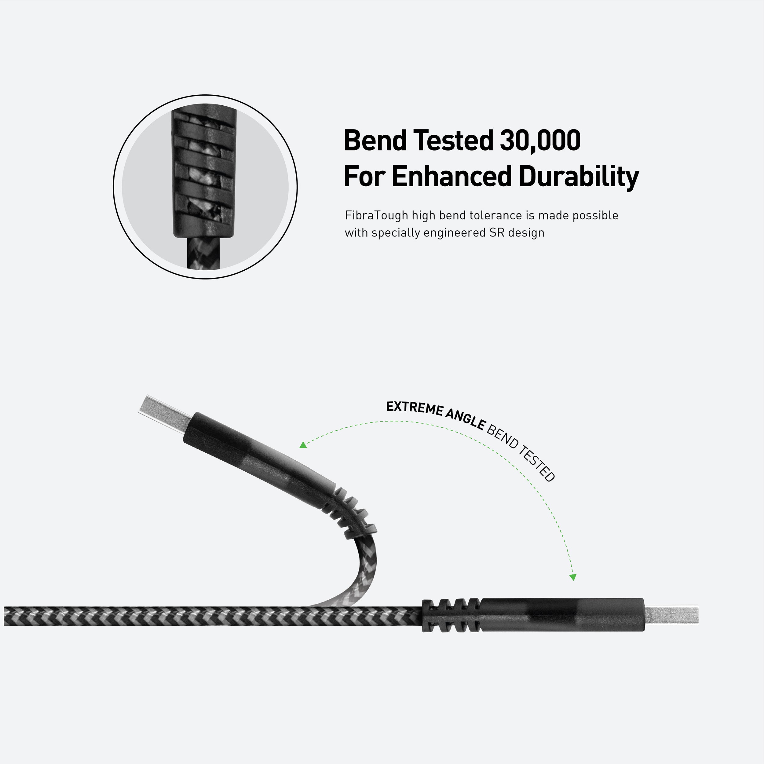 The image shows a FibraTough USB-C cable with the text "bend tested for enhanced durability" indicating its increased strength.