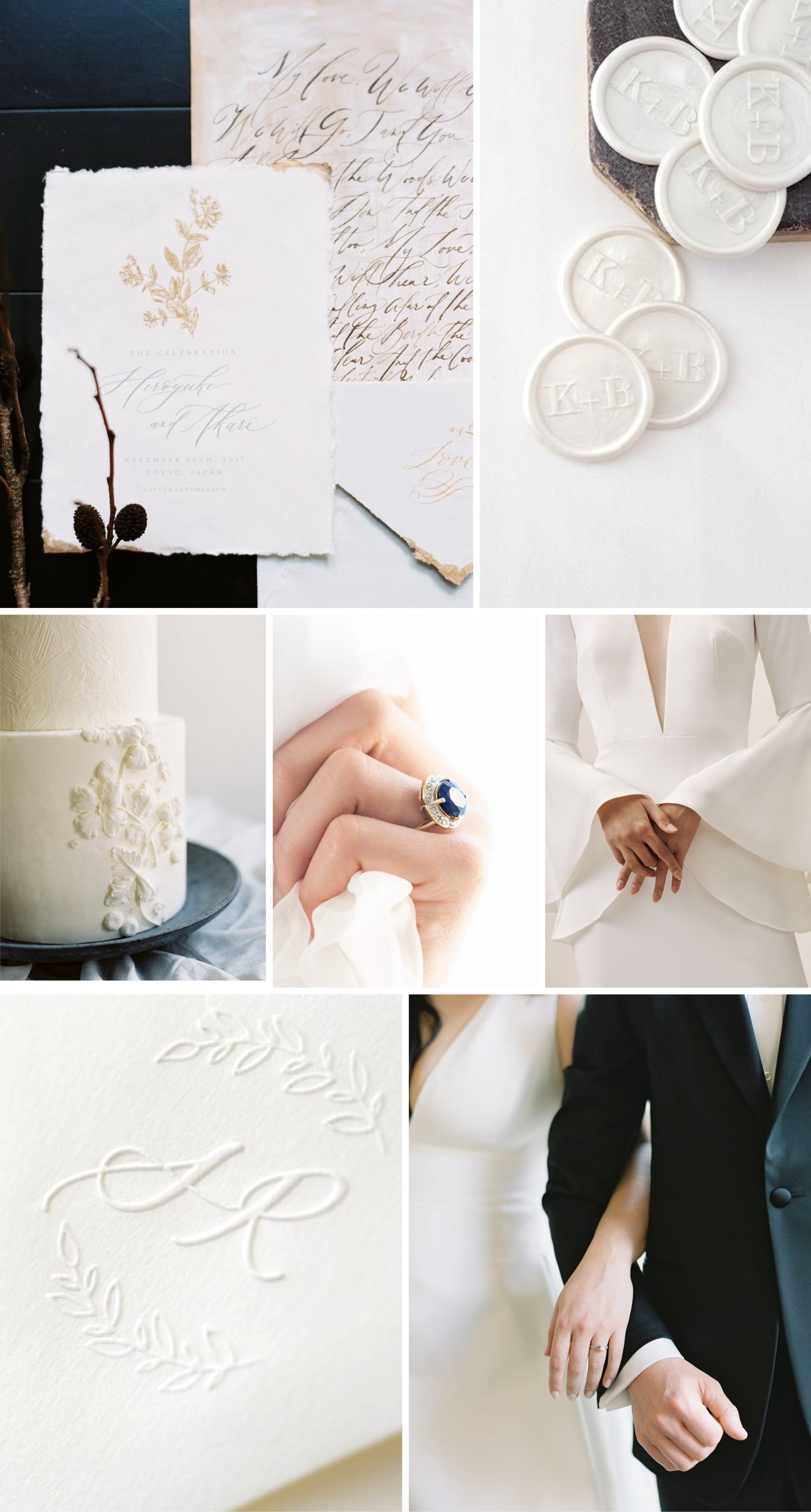 Delicate Minimal Monochrome Wedding Inspiration | White Monogram Wax Seals and Botanical Envelope Embosser | Heirloom Seals