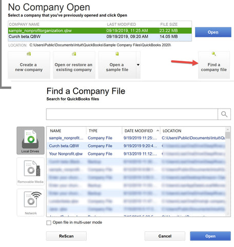 QuickBooks 2020 change-find company file