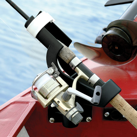 Wise 6039 Rod Tender side mounted to boat. Securely holds fishing poles in place